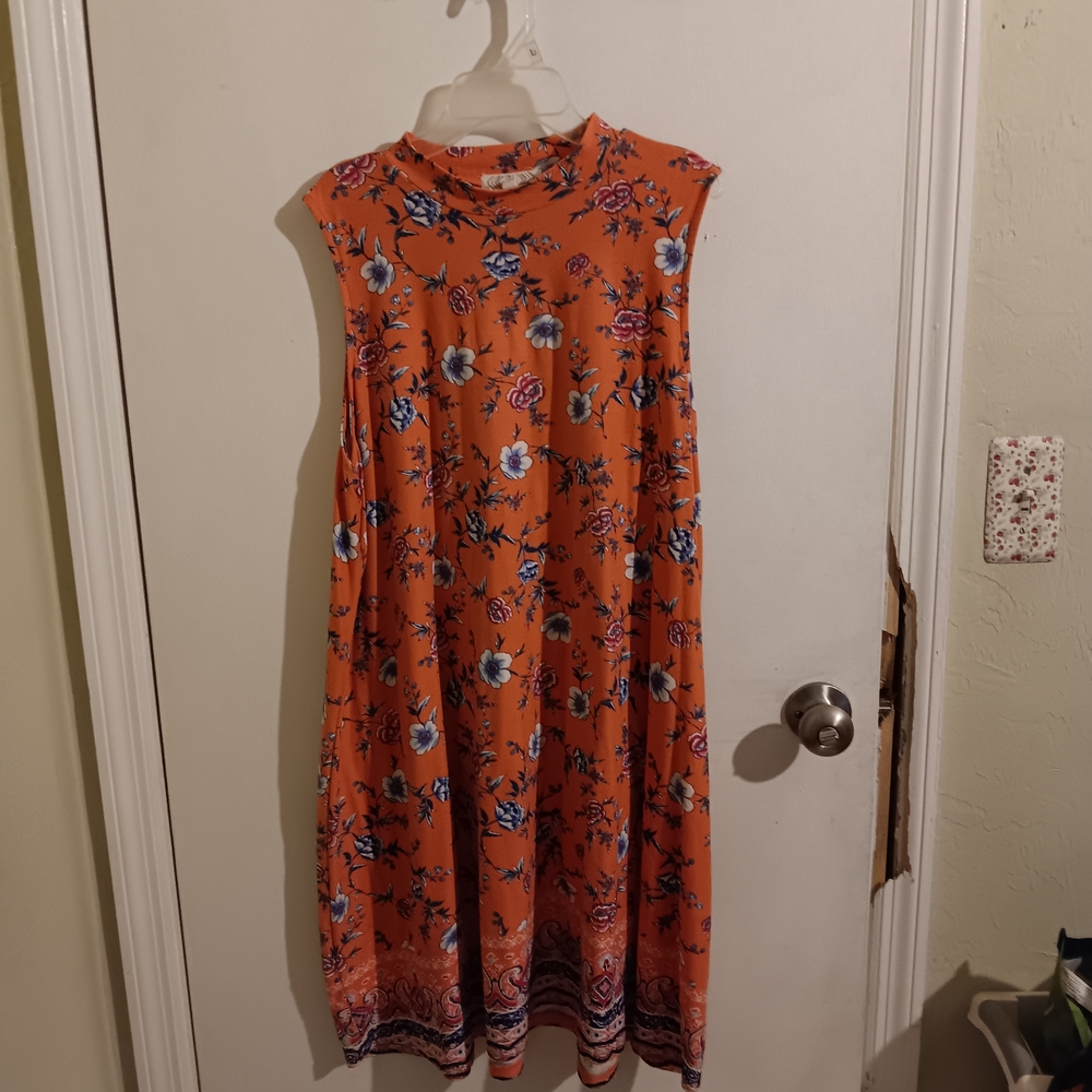 Pink Rose Orange Floral Midi Dress
